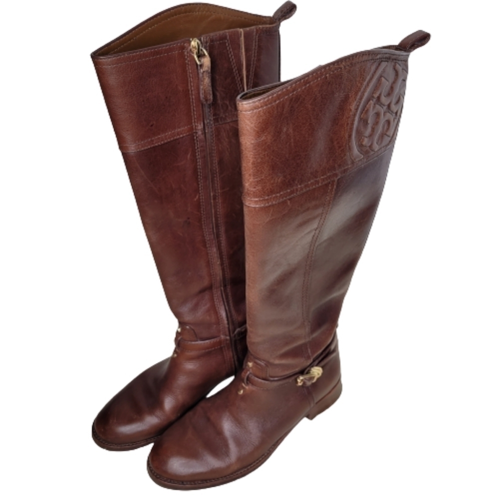 Tory Burch Brown Leather Logo Boots - Picture 2 of 13
